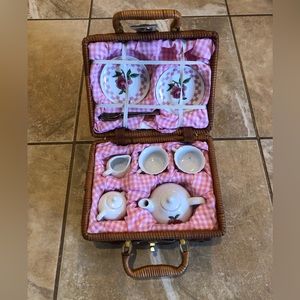Vintage Miniature Tea Set with Wicket Basket Carrying Case